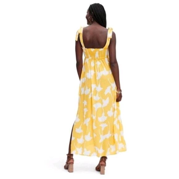 DVF Diane Von Furstenberg Target Smocked Tie Strap Yellow Ginkgo Midi Dress XXS - Picture 9 of 9